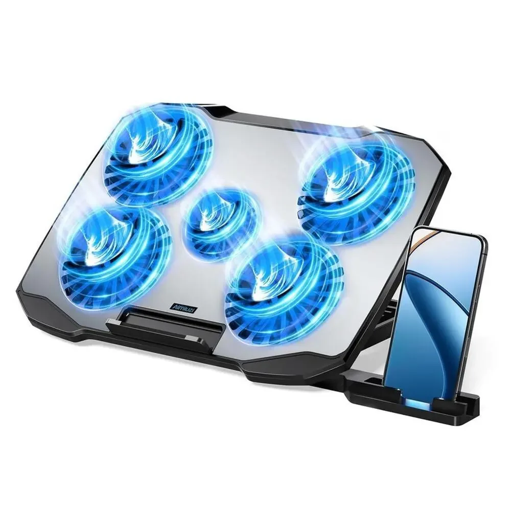 AIMIUZI Laptop Cooling Pad Gaming w/5 Quiet Fans 12-15.6 5 Height Adj 2 USB